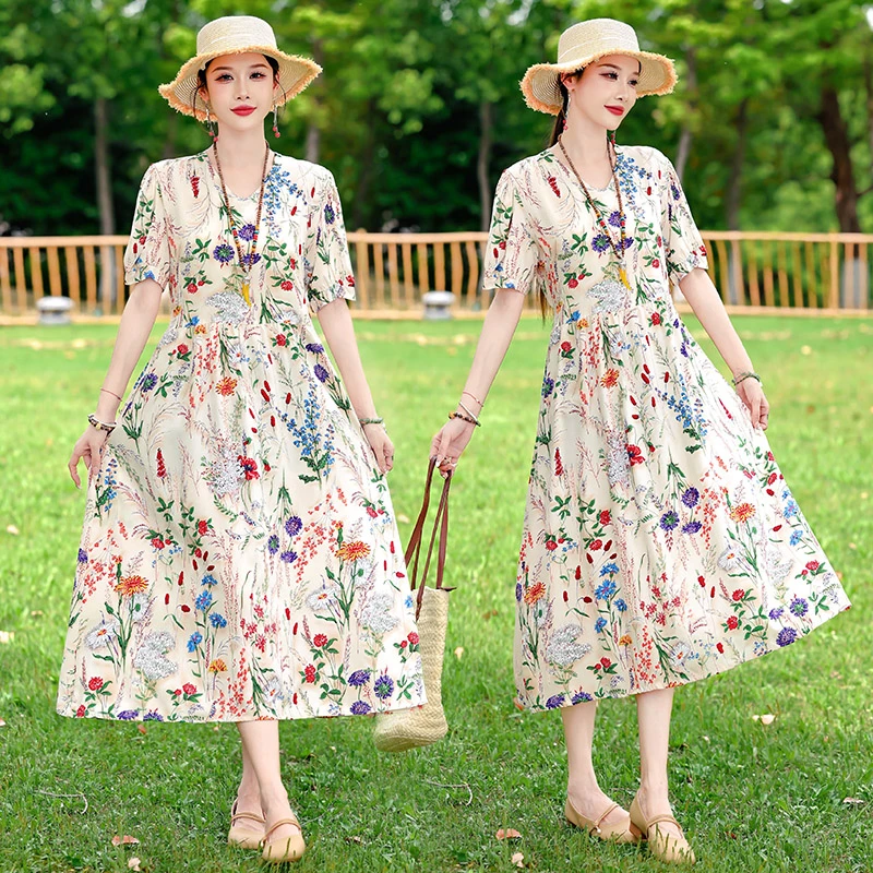 新款棉绸连衣裙宽松夏季显瘦妈妈短袖中长款大码碎花印花遮肚裙子