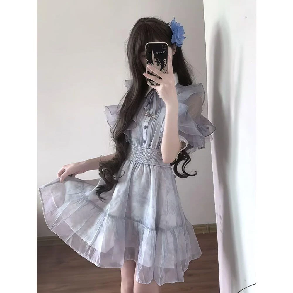 时尚日系小众设计感荷叶边收腰显瘦仙女裙甜美印花连衣裙