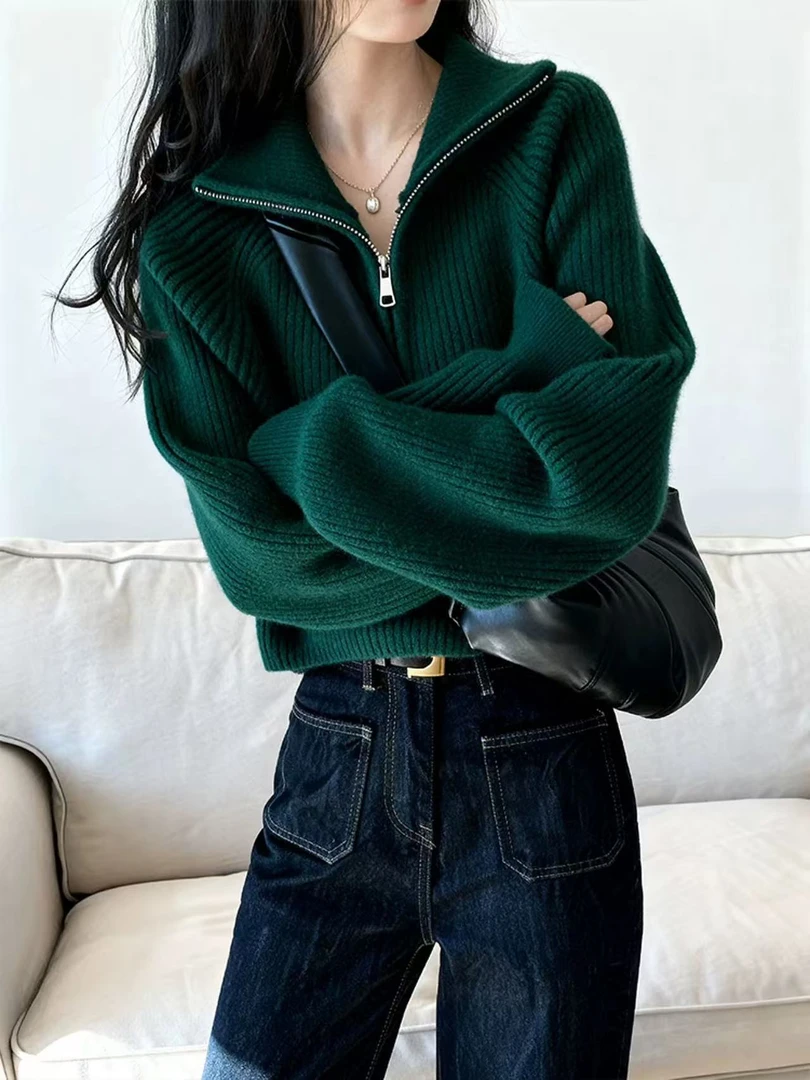 Y206绿色翻领毛衣外套女款新款洋气超好看宽松慵懒松弛感针织衫