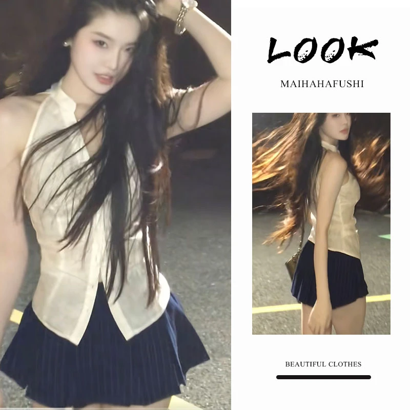 夏季一整套女装2025新款韩版性感辣妹背心衬衫条纹百褶短裙两件套