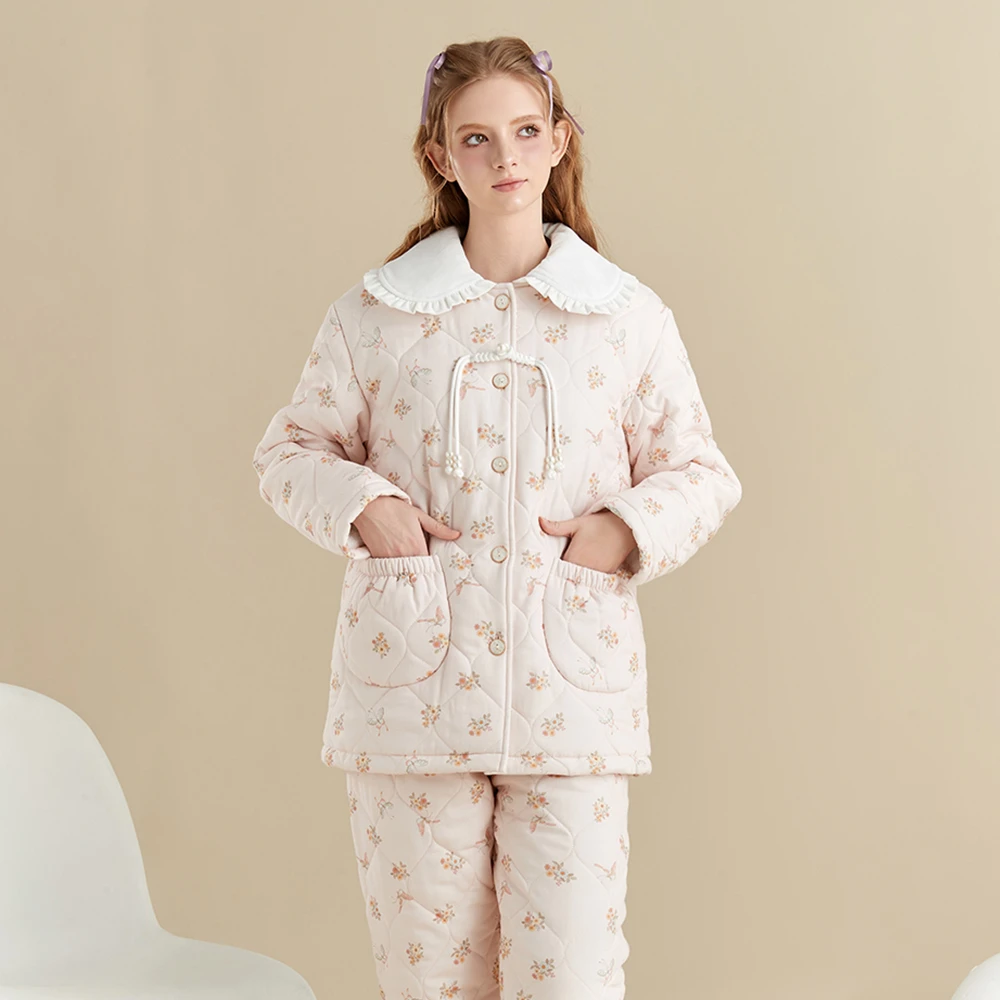 秋冬季印花纯棉睡衣女冬季夹棉加厚舒适家居服套装女甜美省服外穿