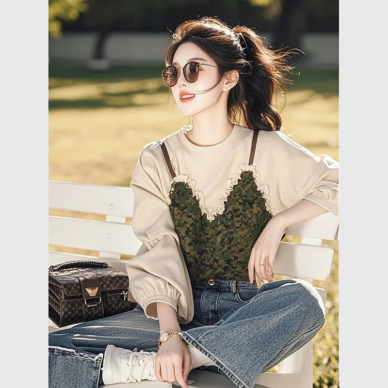 杏色拼接假两件衬衫女早春新款简约休闲小衫独特小众设计感上衣服