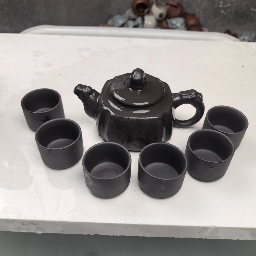 【闪购商品】深井老紫泥龙尊四方壶一壶六杯d