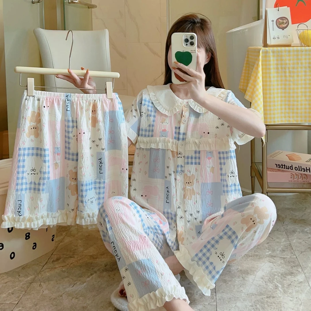 夏季带胸垫可爱甜美短袖三件套睡衣娃娃领开衫家居服