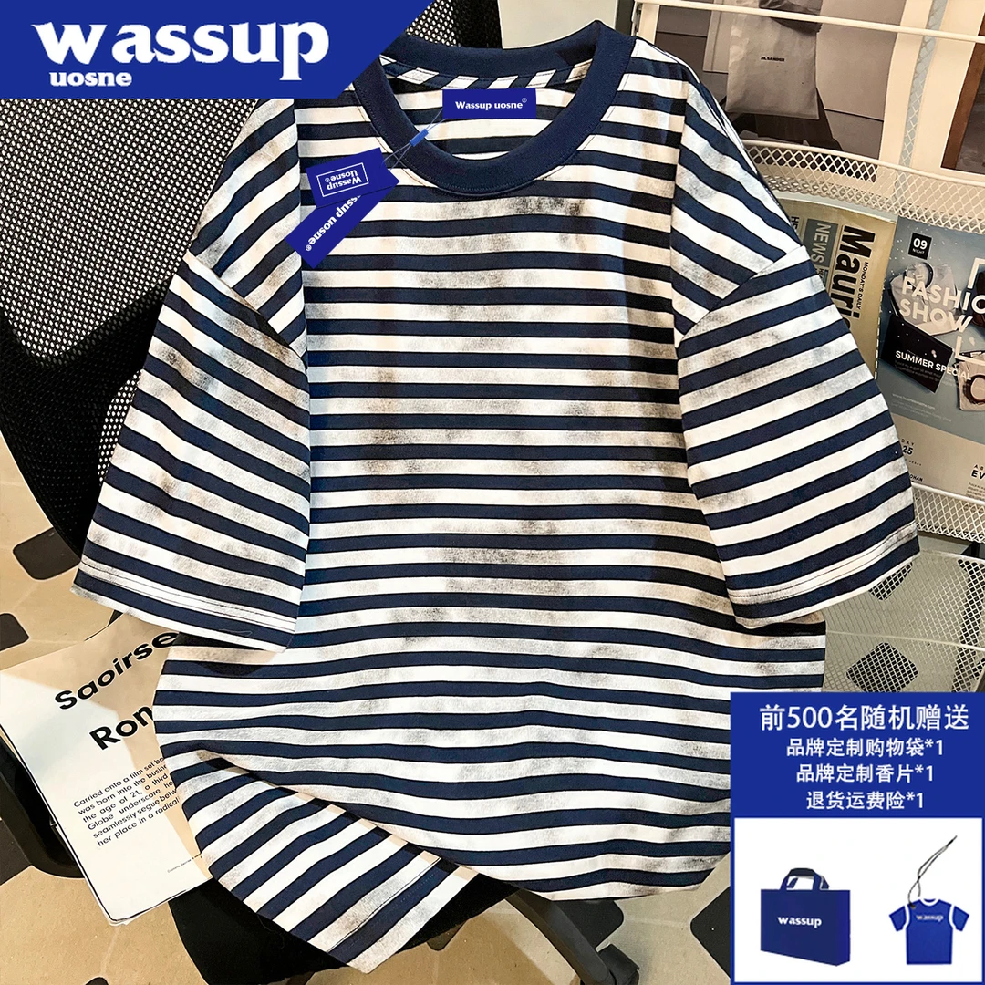 WASSUP UOSNE日系新款蜡染条纹t恤男生夏季宽松休闲百搭短袖上衣