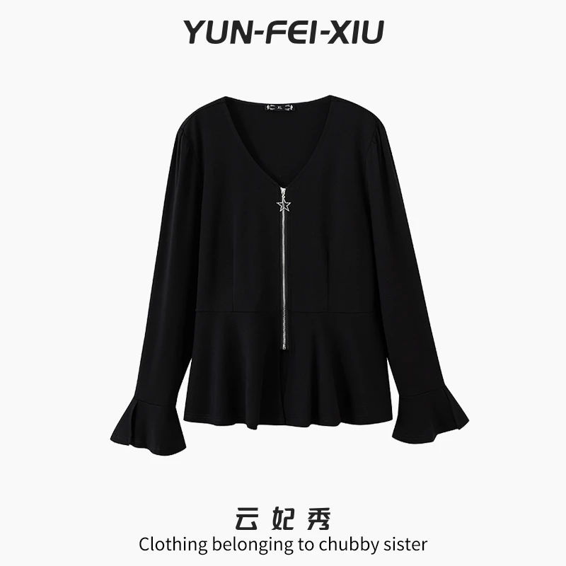 云妃秀大码女装衬衫V领日常叠穿时尚宽松显瘦遮肉胖妹妹秋季07112