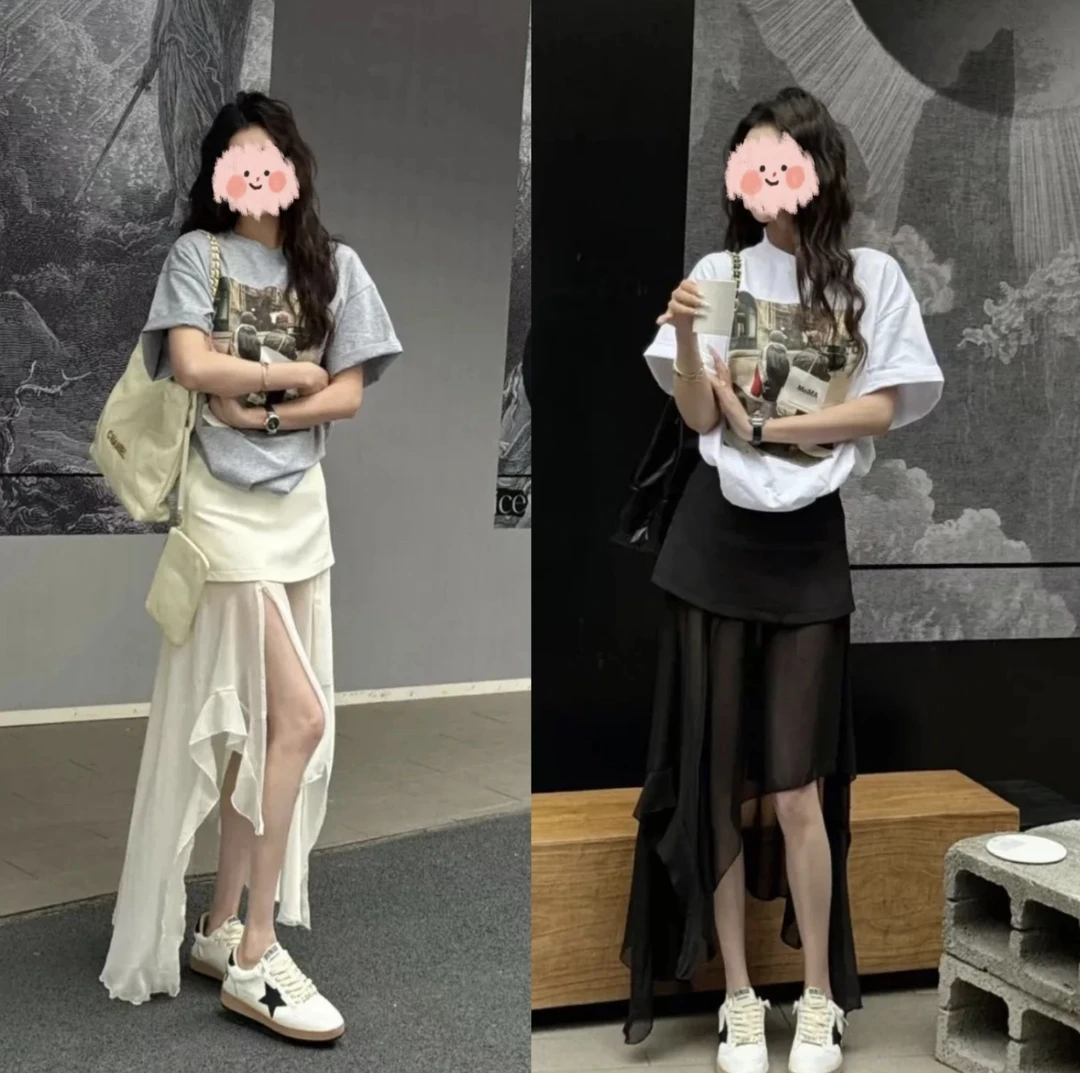韩系辣妹时尚套装女百搭圆领印花短袖T恤高腰西装半裙拼接款裙子
