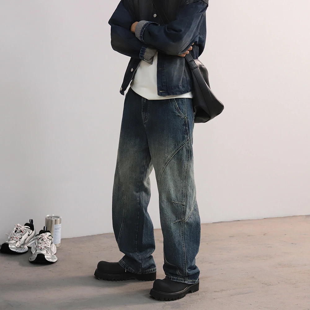 Kuvine Studios秋季新款复古拼接廓形宽松弯刀裤百搭潮流牛仔裤男