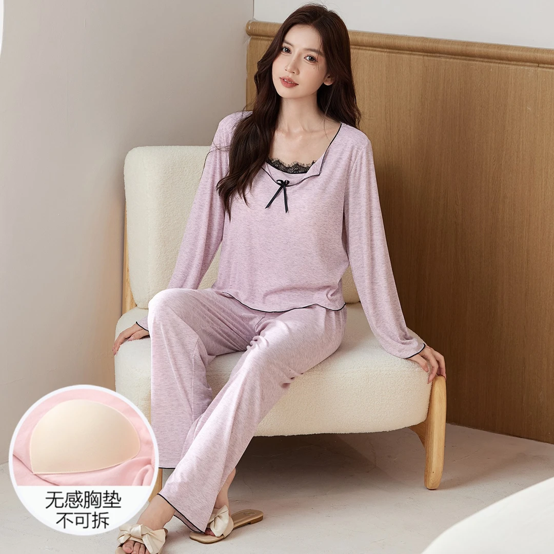 睡衣女秋冬季公主风莫代尔带胸垫长袖冬天2025新款浅紫套装家居服