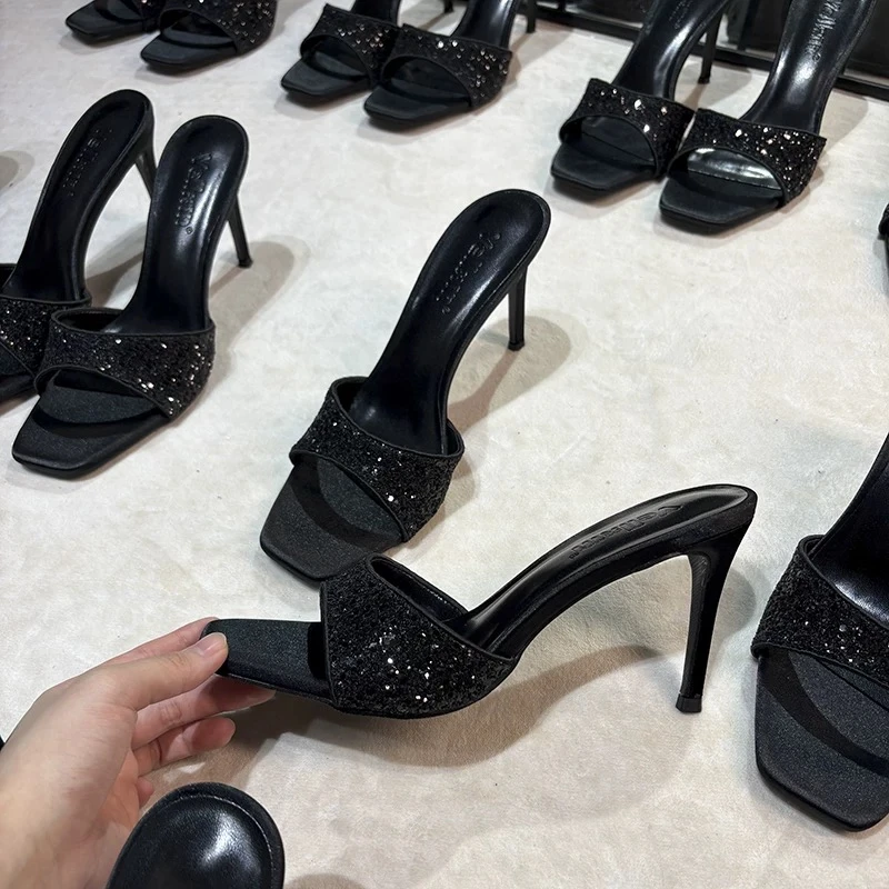 夏季新款高级感鱼嘴亮片黑色半拖细跟高跟鞋时尚百搭