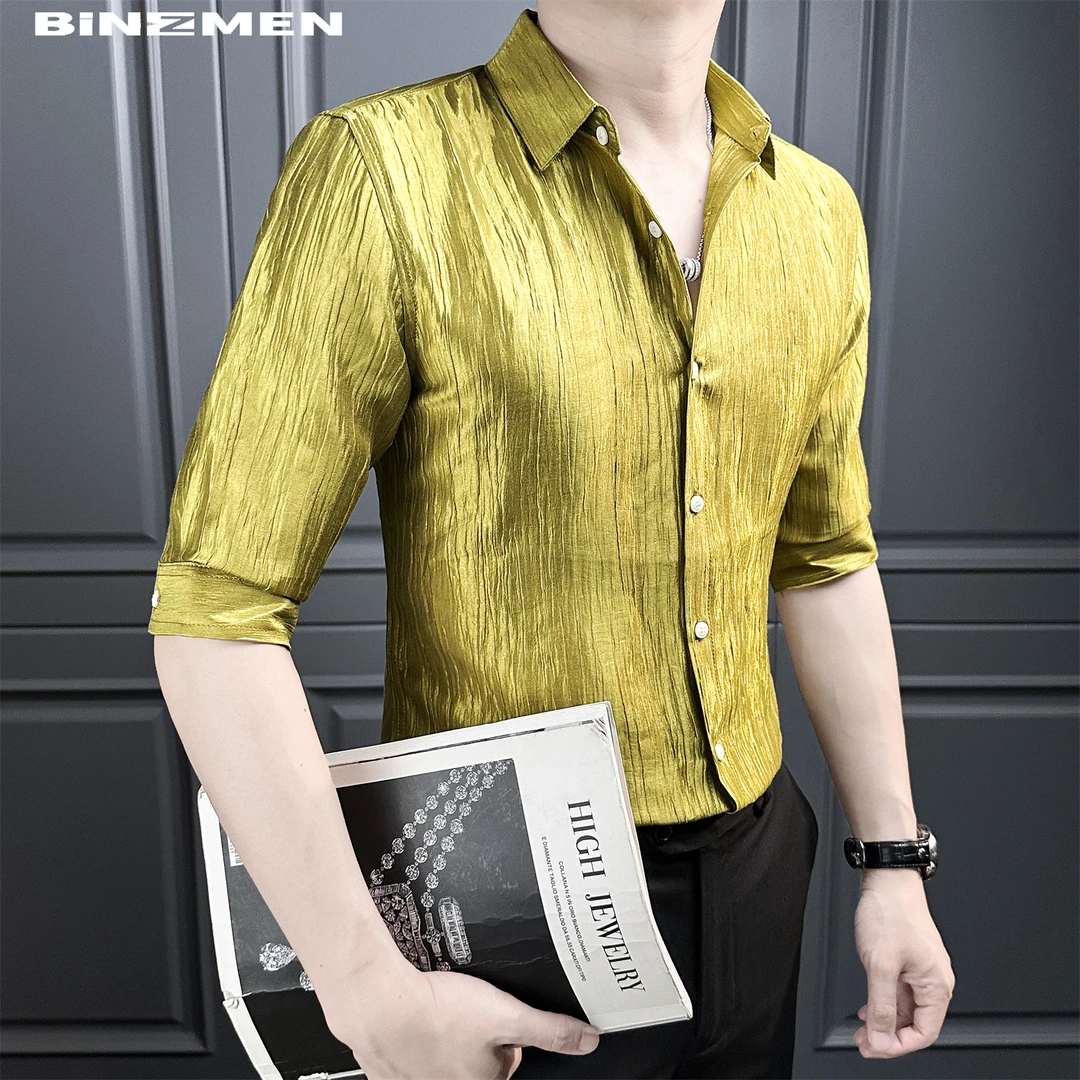 金色条纹褶皱衬衫男款爆款2025新款休闲薄款高级感男士七分袖衬衣