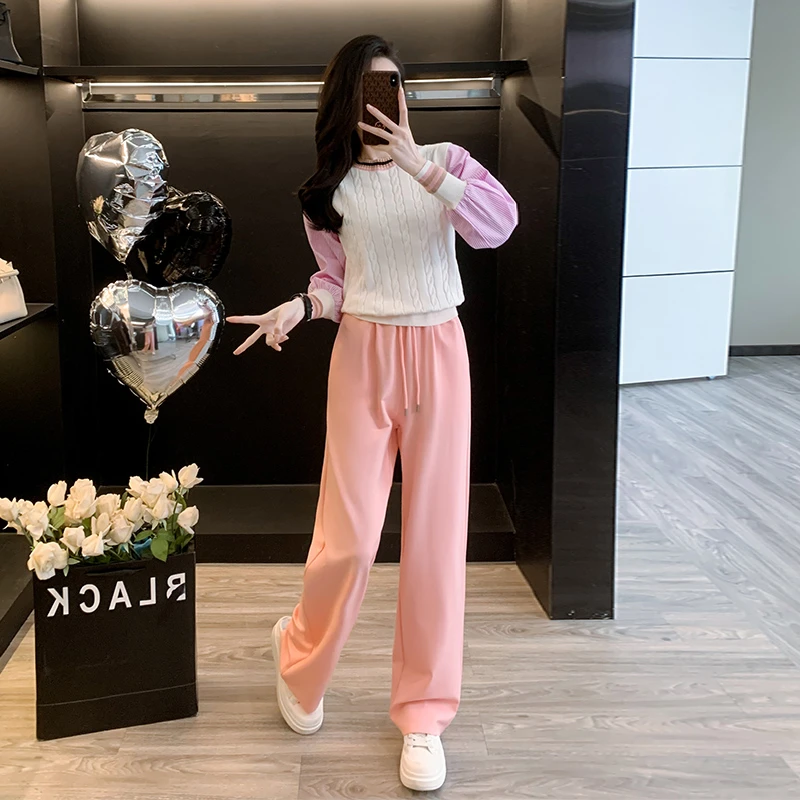 洋气时尚长袖针织卫衣套装女秋2025休闲运动阔腿裤两件套减龄显瘦