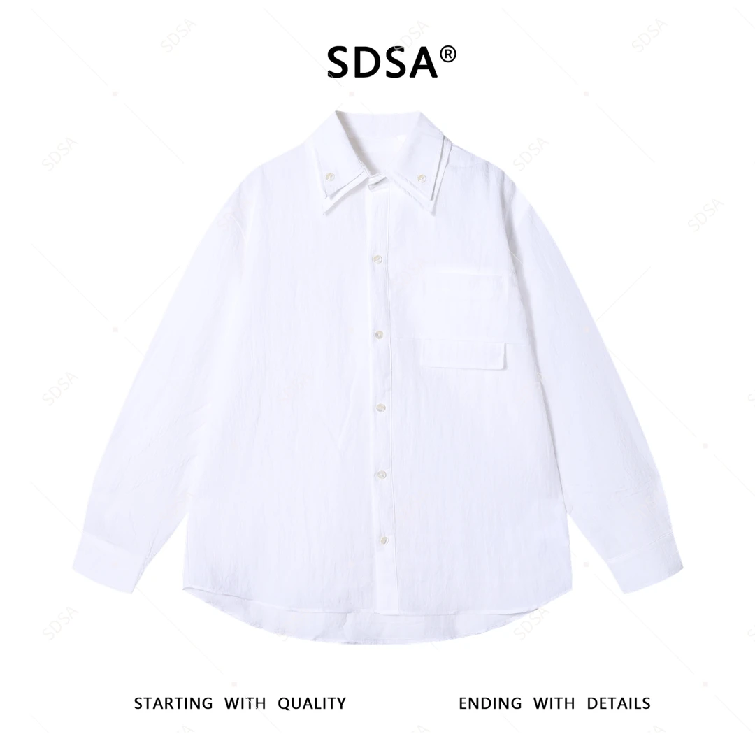 SDSA男士2025新款轻奢痞帅男装网红款纯色纽扣双层翻领长袖衬衫