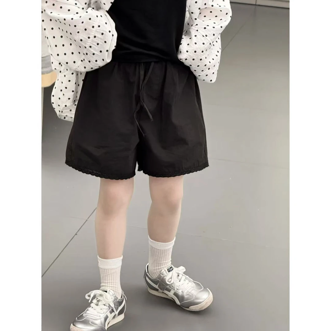 HANMA【】夏款女童设计感凉爽黑色韩版阔版花边短裤25-003