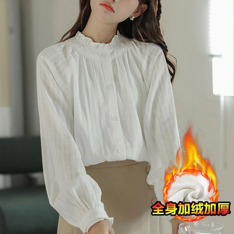 日本进口无印MUJ加绒加厚设计感小众立领衬衫女秋冬打底新款长袖