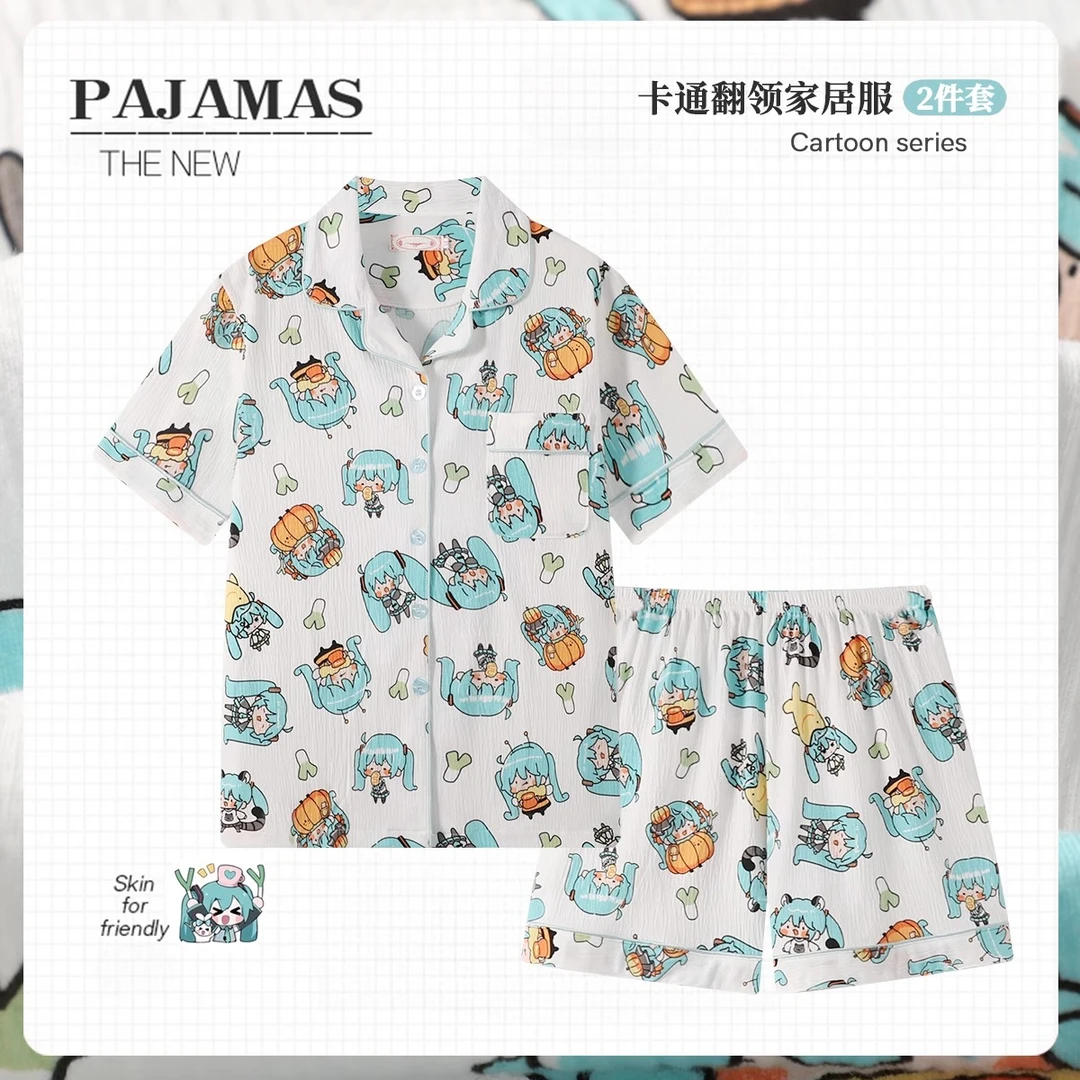 初音未来睡衣女夏季短袖短裤薄款纯棉可爱卡通家居服套装ins日系