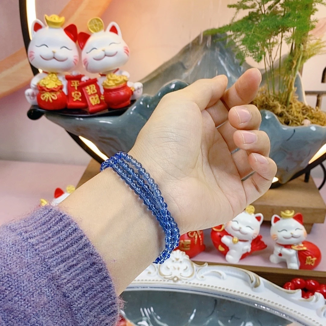 909蓝色卡4MM小珠子手工串珠DIY三圈手串女
