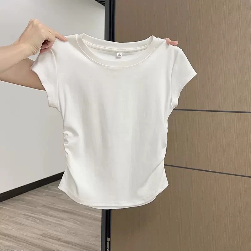 欧若风正肩收腰辣妹白色短袖洋气t恤女夏季新款圆领褶皱洋气衣服