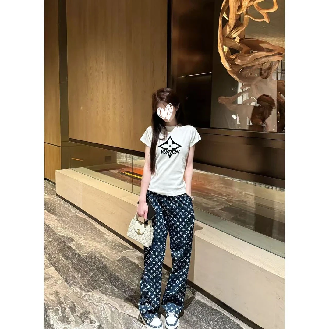 美式高街白色圆领正肩短袖T恤设计感显瘦印花休闲直筒裤子套装潮