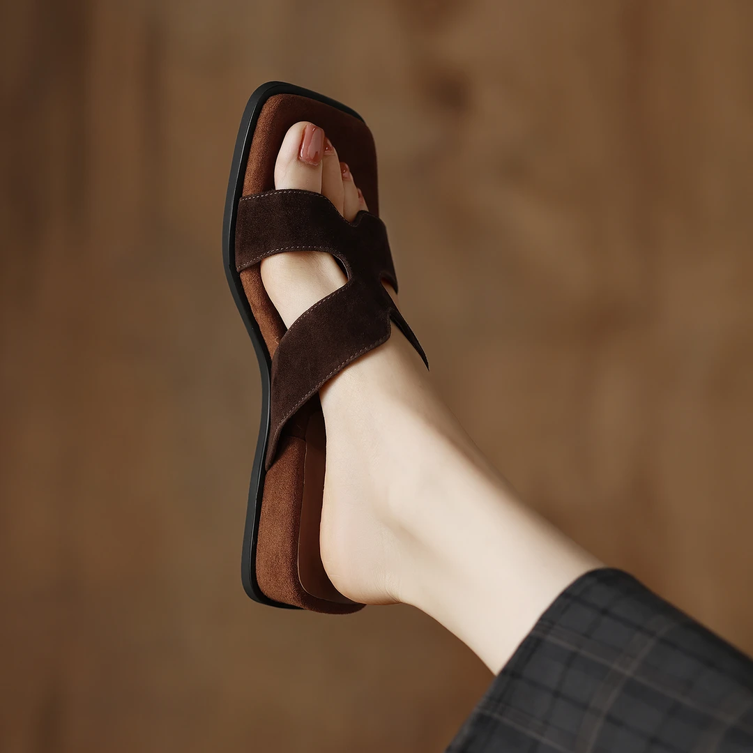 4cm 夏季真皮外穿平底女拖鞋法式复古露趾一字拖百搭休闲女凉拖鞋