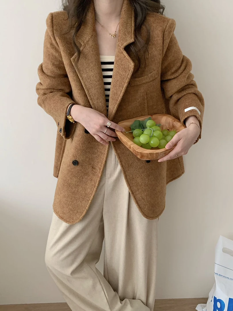 正肩灰色双面羊绒大衣女2025秋冬新款垫肩西装小个子羊毛呢外套爆