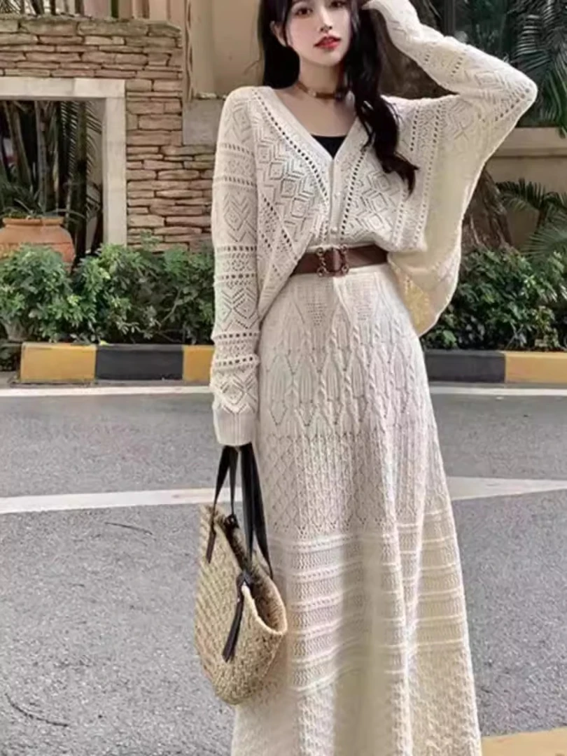 春夏装镂空针织开衫半身裙长裙两件套慵懒风时尚套装裙仙女裙女神