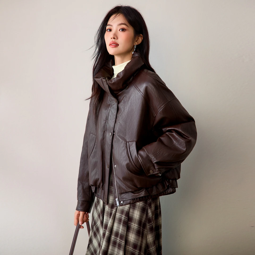 伊芙丽环保皮可双面穿格纹花边下摆设计羽绒服25冬新款1GA980161