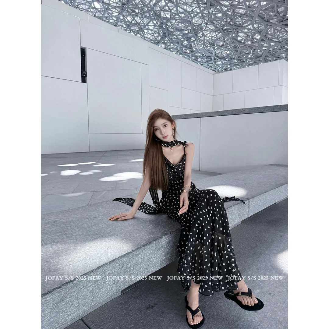 【CHASINGLIGHT】|法式卢浮宫|度假吊带波点长裙 Q2016