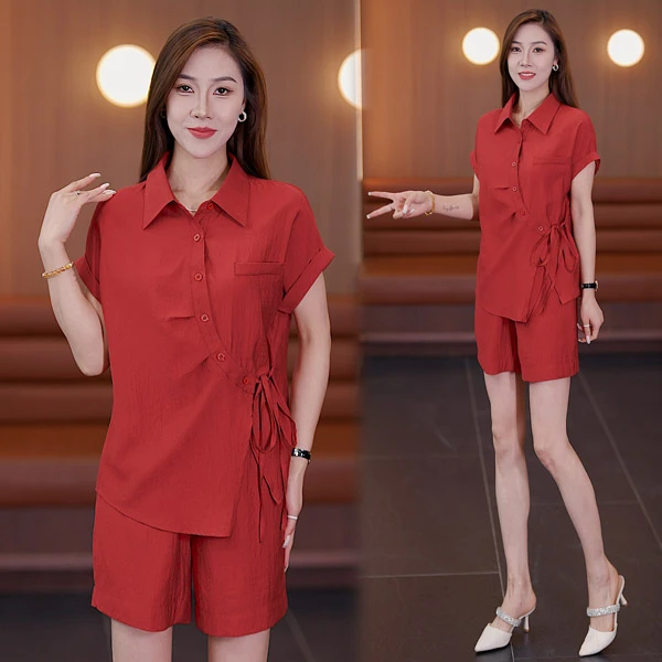 时尚纯色套装女夏季减龄显瘦2025新款短袖收腰系带休闲短裤两件套