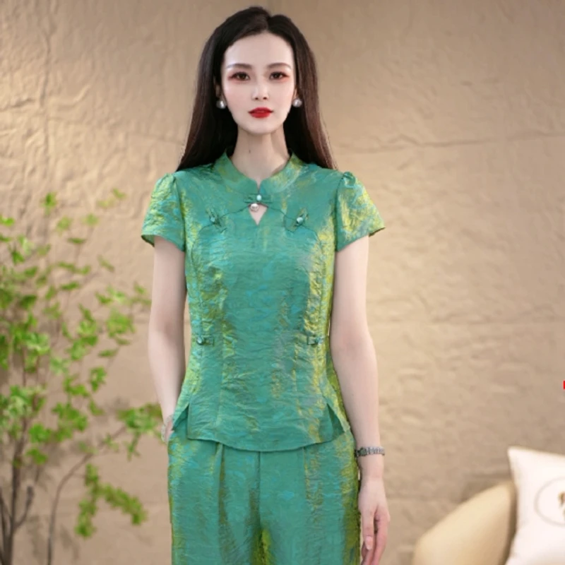 送运费险新款气质优雅时尚轻奢新国风百搭修身遮肉套装两件套