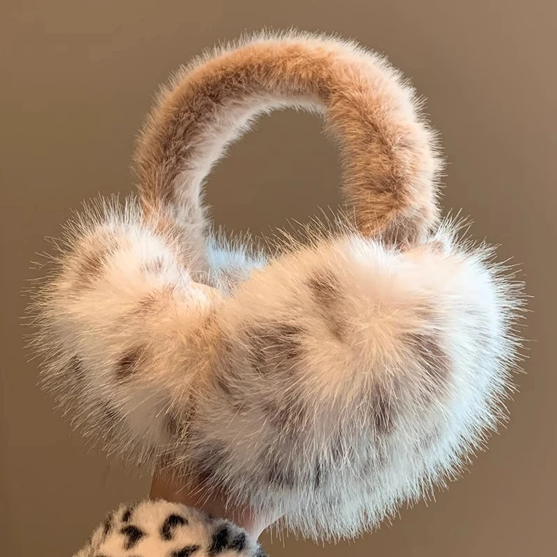 咖色豹纹毛茸茸耳罩女2025年秋冬季韩系毛绒百搭加厚保暖骑车耳套