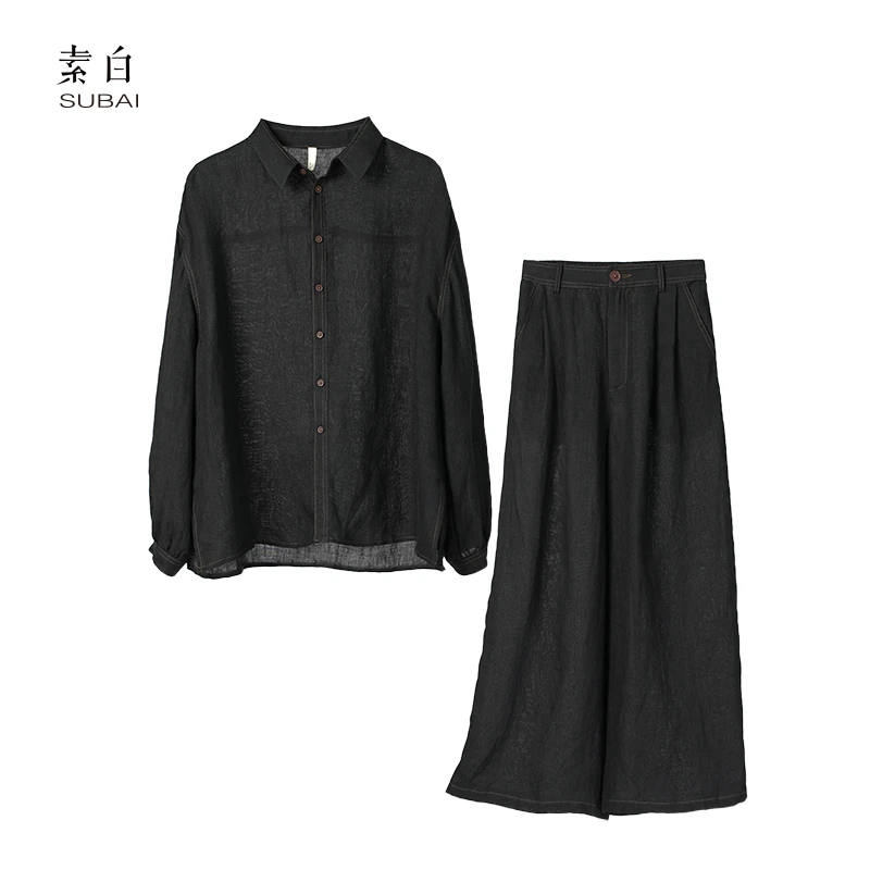 素白高级感【麻序】K01738老钱风汉麻休闲衬衫阔腿裤套装