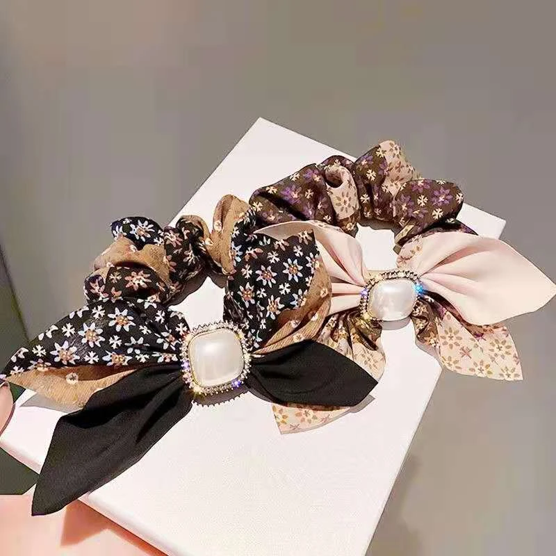 法式马尾复古碎花结大肠发圈高级感镶钻头绳高弹力绑发发饰品