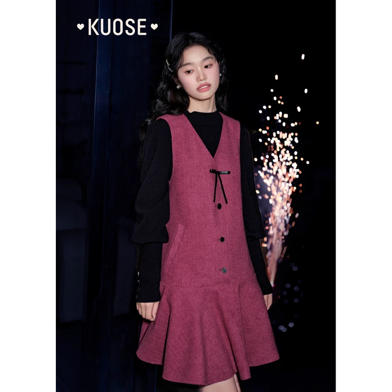 阔色蝴蝶结中长款背心连衣裙女2024秋冬新款雪尼尔裙子KSB2411008