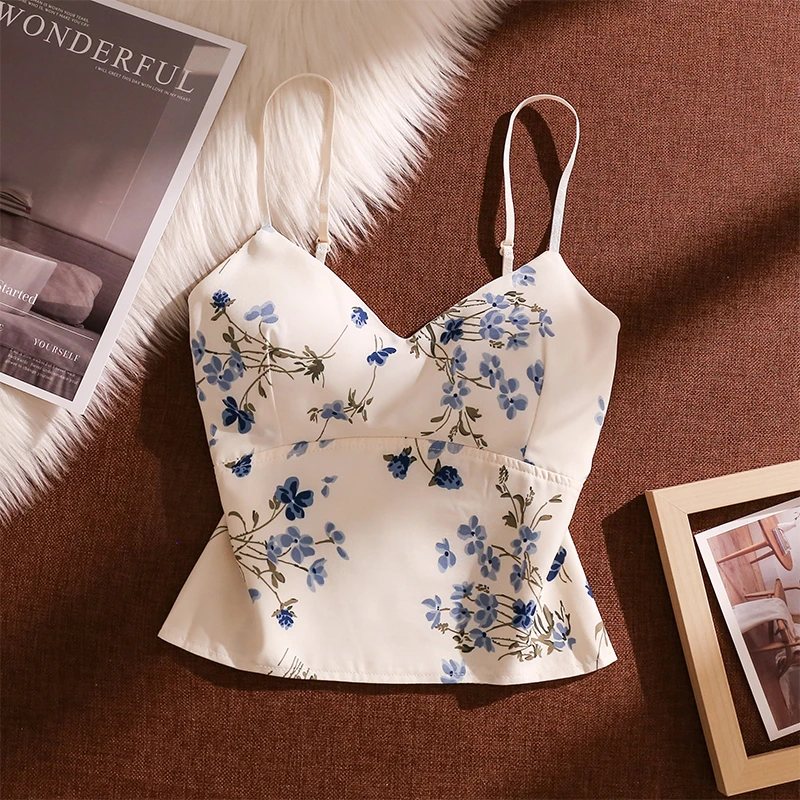 碎花缎面吊带小背心女内搭带胸垫性感美背设计感小众打底抹胸上衣