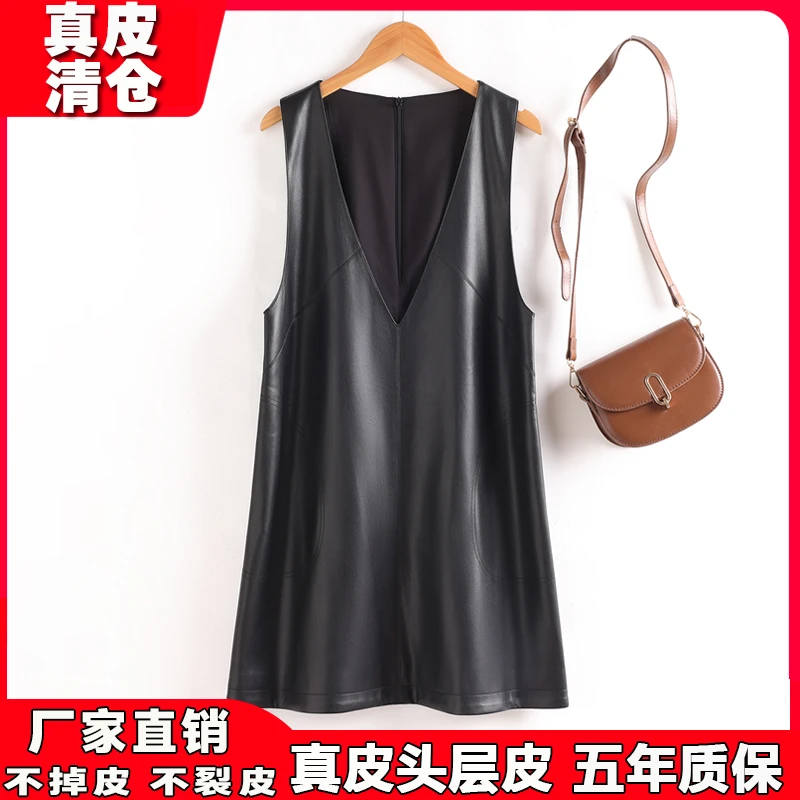 2025新款海宁真皮马甲女中长款宽松无袖V领连衣裙气质百搭背心裙