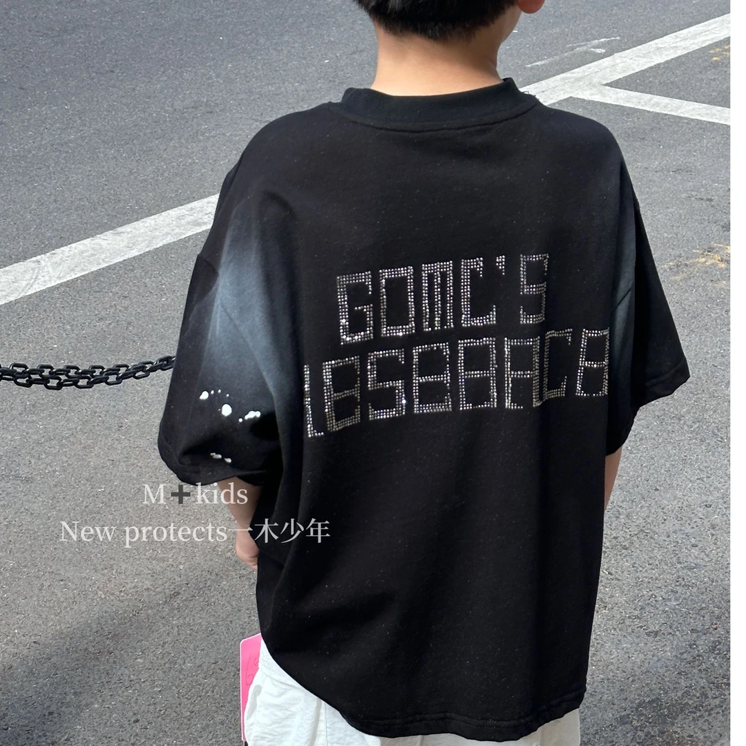 505625  韩版男童舒适百搭潮流扎染简约夏季字母印花短袖