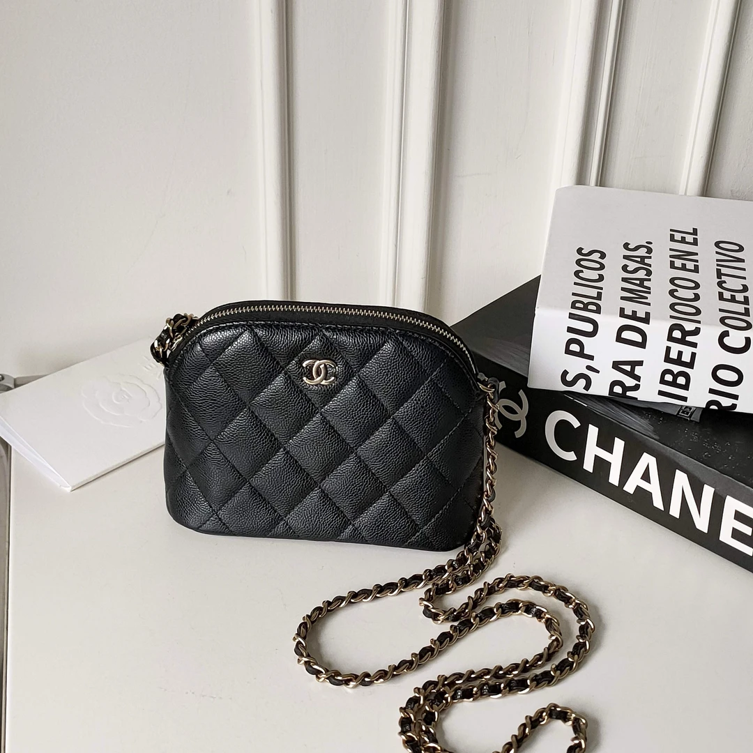 99新 Chanel/香奈儿 Azul- 24A黑金荔枝皮贝壳斜挎包42098