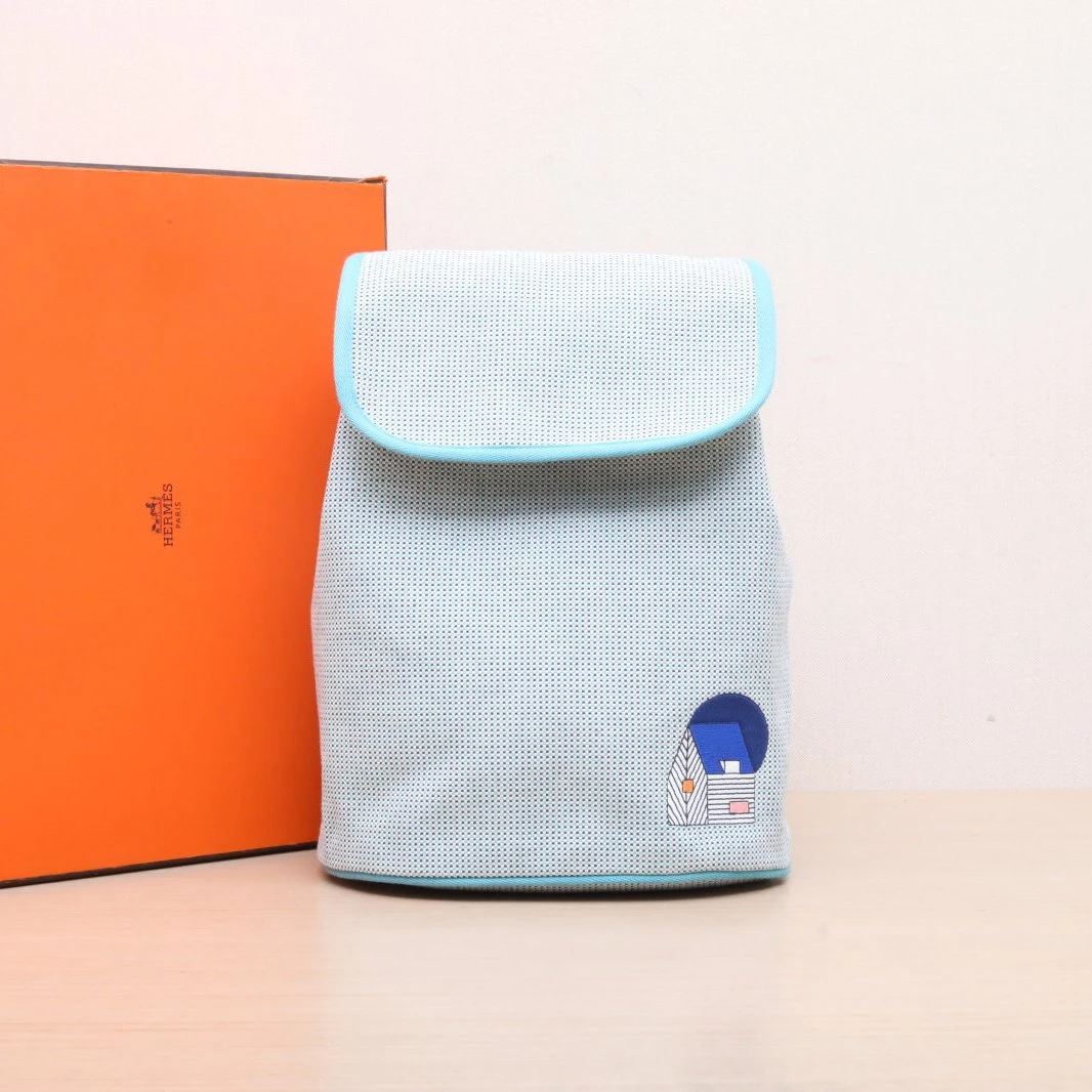 99新 Hermes/爱马仕 花花帆布 花园小屋 儿童双肩包 蓝色拼薄荷绿