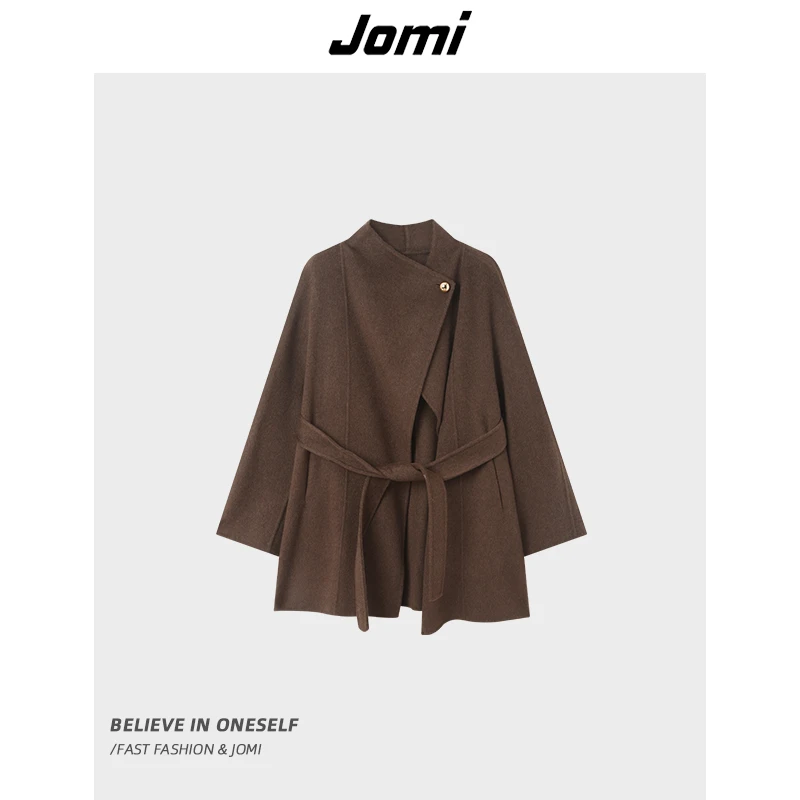 JOMI立领系带收腰毛呢外套女冬季新款宽松显瘦气质通勤上衣