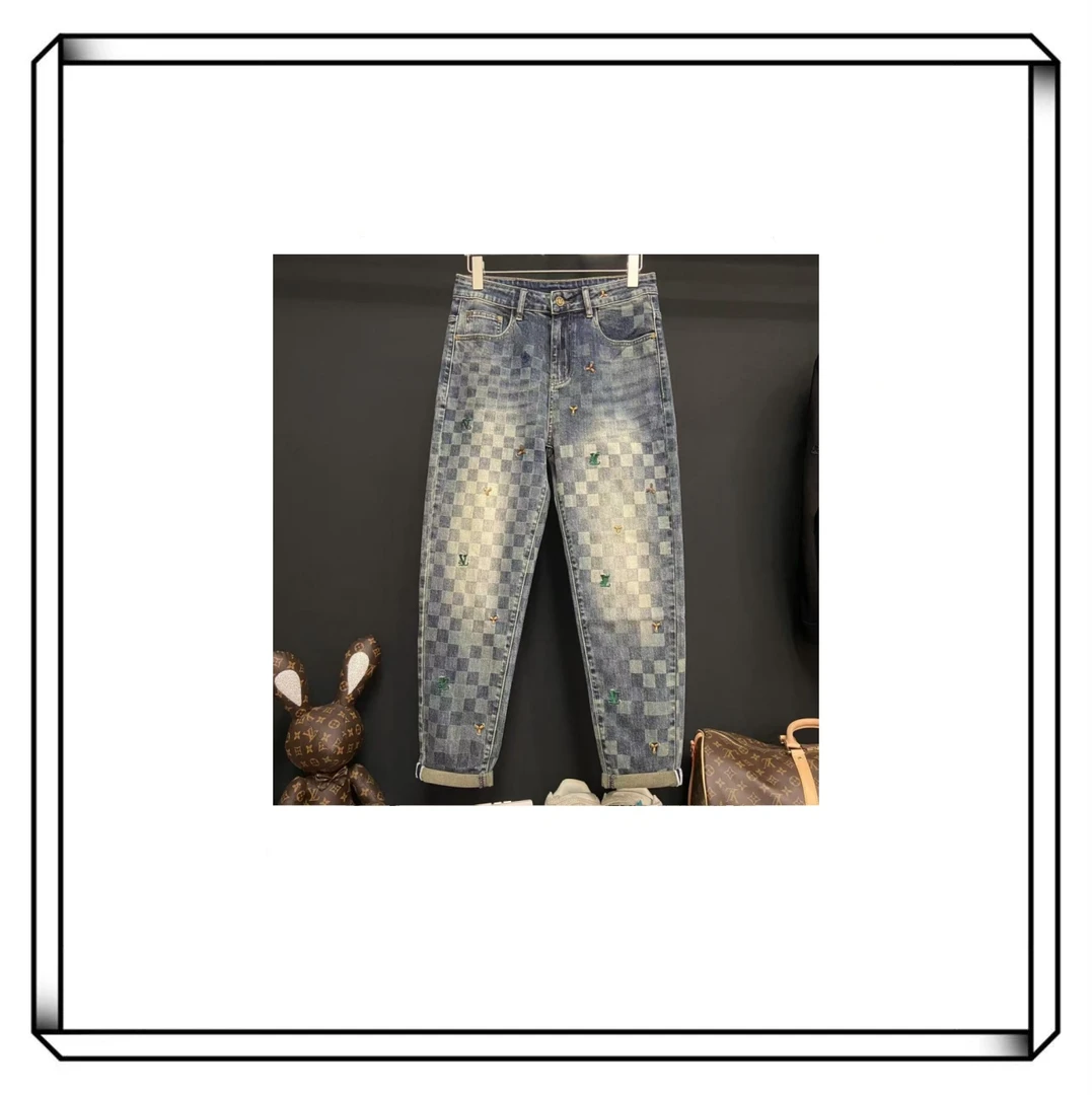 【晖少25SSL007】赤耳水洗设计师新款棋盘格直筒小脚牛仔裤男女同款