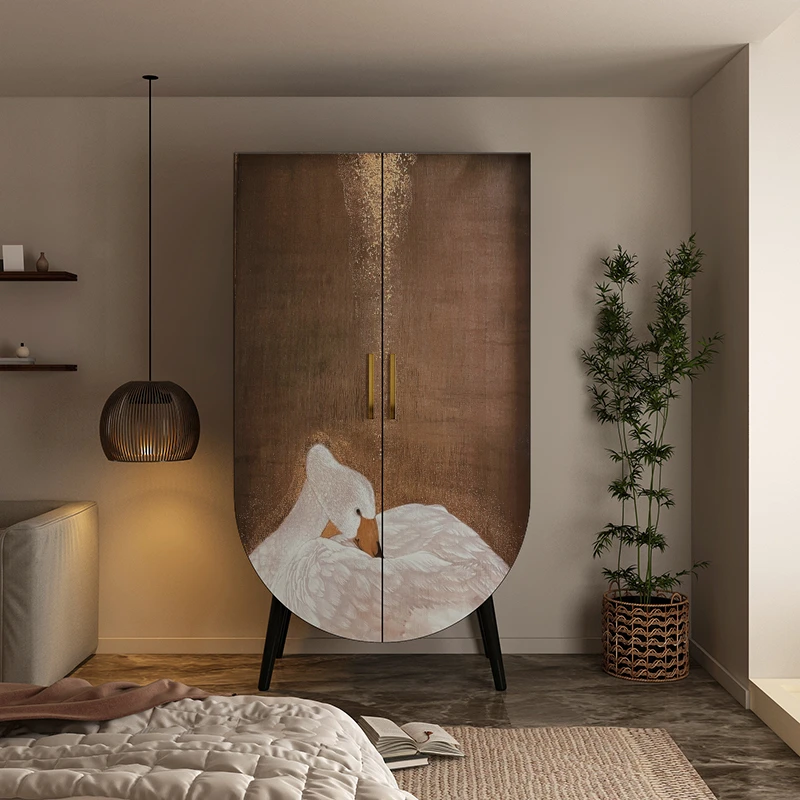 法式复古对开门衣柜卧室家用靠墙储物装饰柜一体实木彩绘收纳柜子