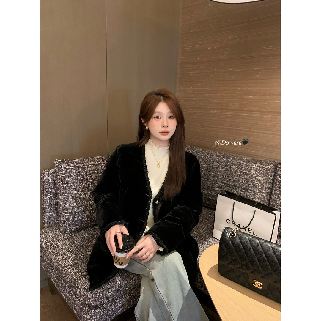 大婉酱微胖定制韩系设计感加厚保暖棉服外套冬季V领丝绒上衣5837D