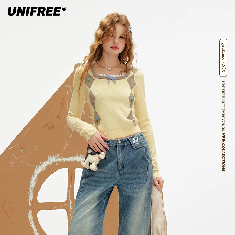 【云c专属】UNIFREE黄色方领长袖针织衫U253K535E1E1