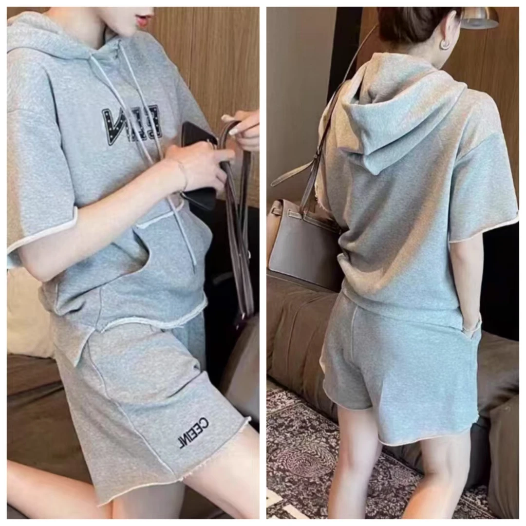 高品质连帽休闲简约夏季韩版宽松字母印花时尚两件套装
