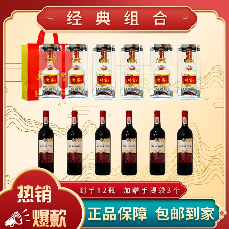 财富剑银瓶白酒500ml*6瓶+布朗夫人（梅洛）干红750ml*6瓶 组合