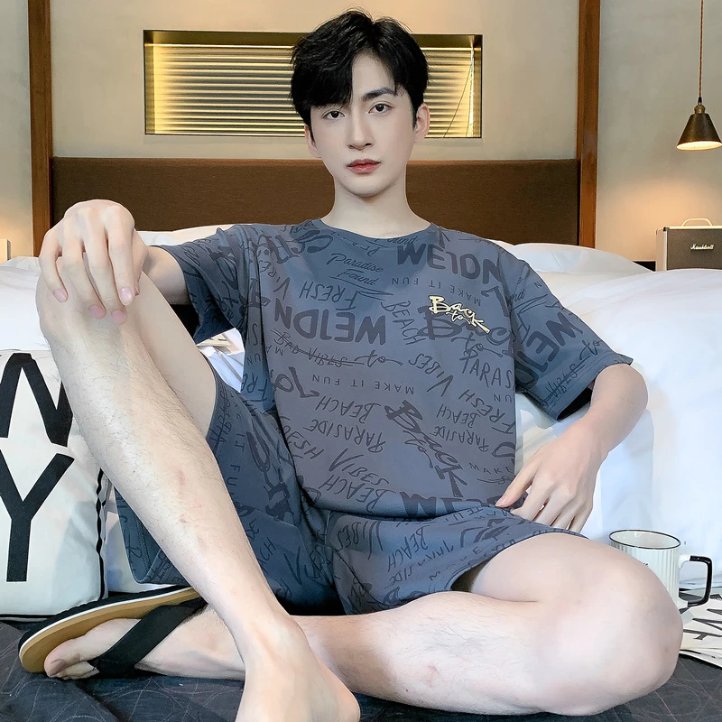 夏季薄款睡衣男青年圆领短袖短裤宽松透气短裤家居服套装6034