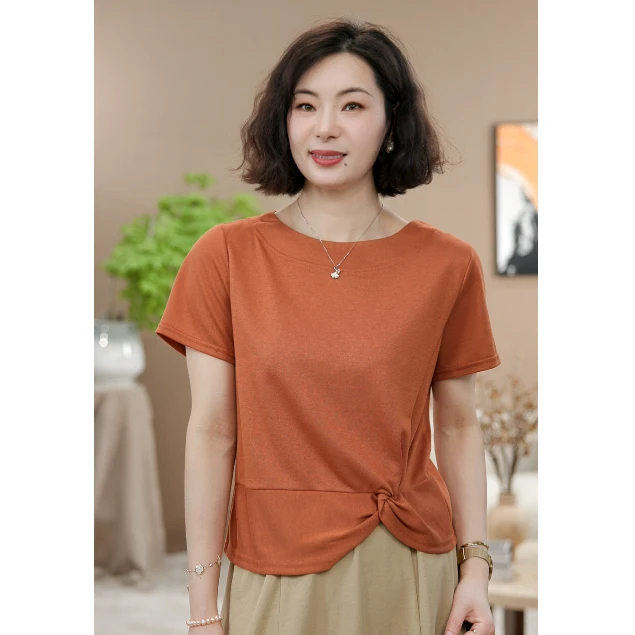 【涧蓝正品】夏季新款洋气百搭圆领减龄显瘦新款纯色短袖气质女T恤