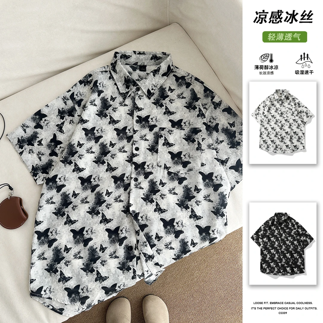 复古冰丝花衬衫男短袖夏季速干冰凉休闲宽松痞帅衬衣柔软透气衬衫