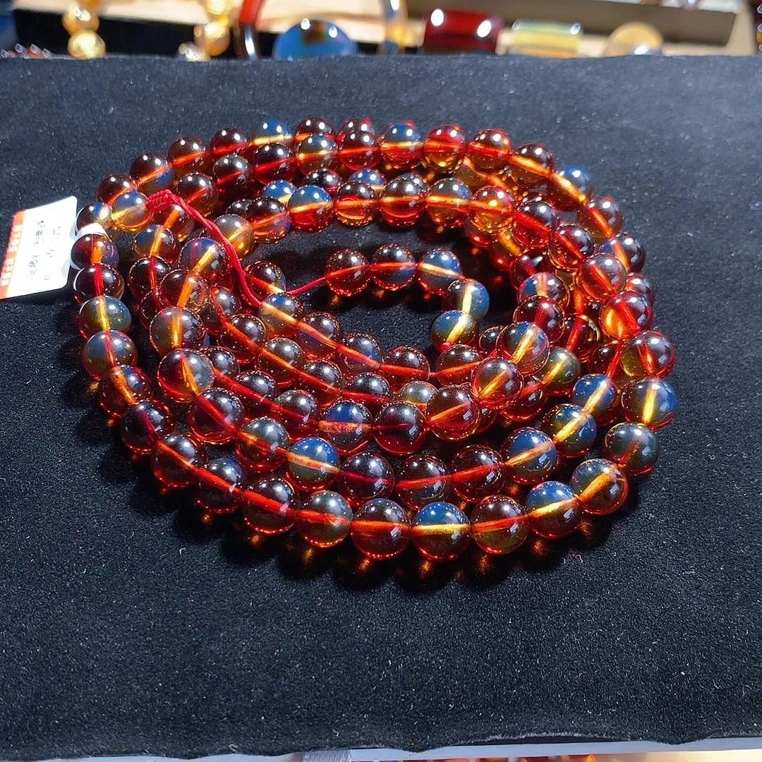 琥珀未镶嵌颈饰馆藏墨西哥红蓝佛珠